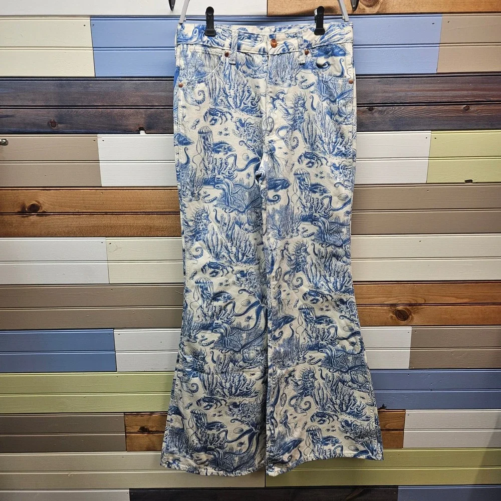 Wrangler Wanderer High Rise Flare Jeans Blue Sea Life Toile Print 29x34 Western - Picture 3 of 11